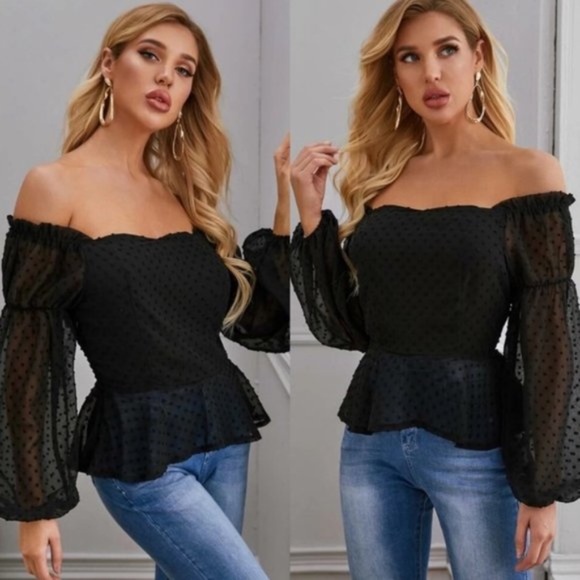 Off Shoulder Swiss Dot wide sleeve black top - Picture 4 of 4